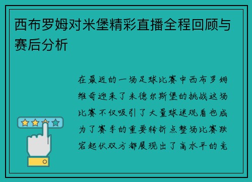 西布罗姆对米堡精彩直播全程回顾与赛后分析